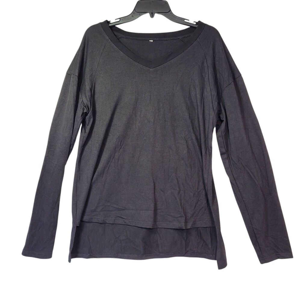Women's Black V-Neck Long Sleeve Hi-Low Hem T-Shirt Size Large
